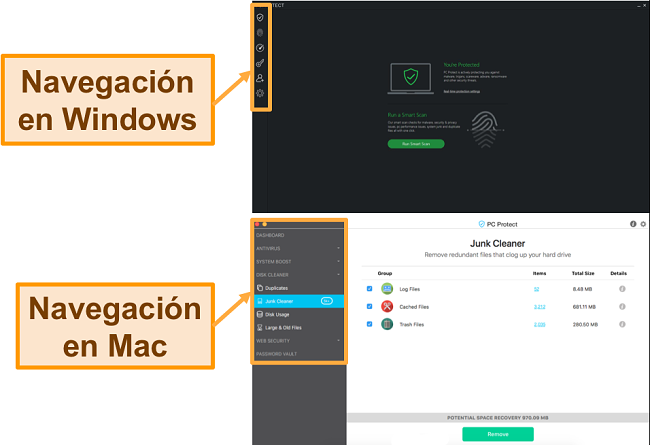 Captura de pantalla del menú de navegación de PC Protect en Windows y Mac.