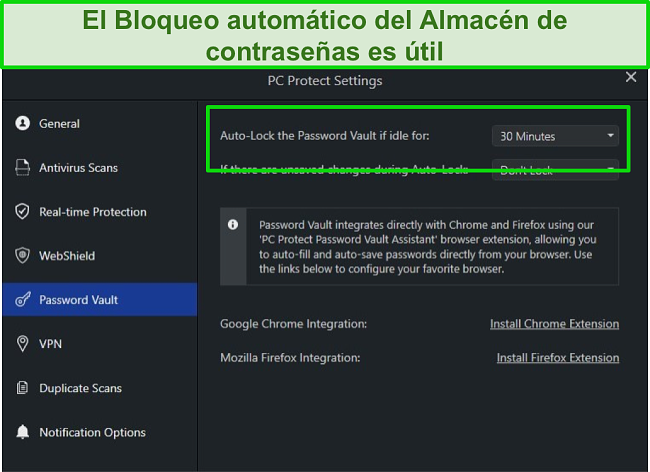 Captura de pantalla de la configuración de la Bóveda de contraseñas de PC Protect con su función de bloqueo automático.