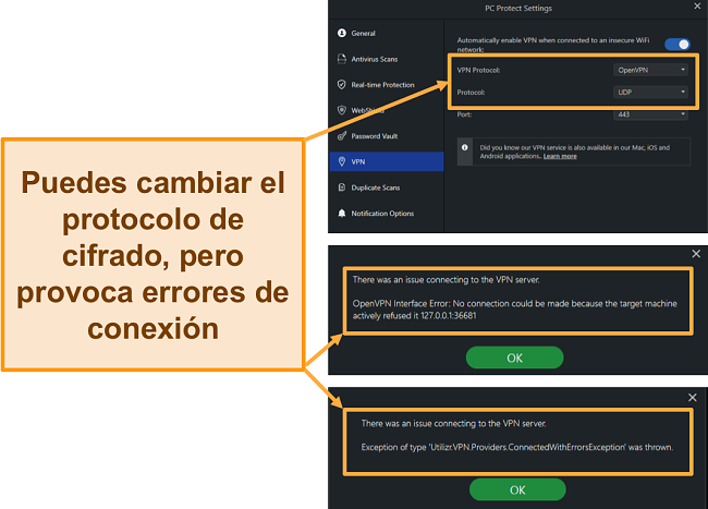 Captura de pantalla de los protocolos de cifrado y los errores de VPN de navegación segura de PC Protect.