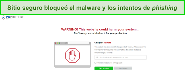 Screenshot of the PC Protect Safe Site successfully blocking a malware attempt.