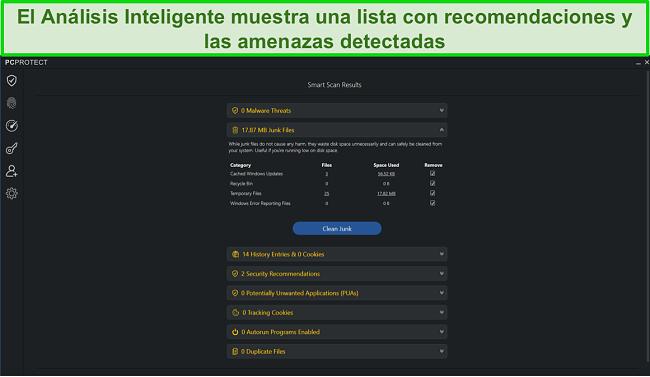 Captura de pantalla de PC Protect después de ejecutar Smart Scan, que le brinda una lista de las amenazas o recomendaciones encontradas.