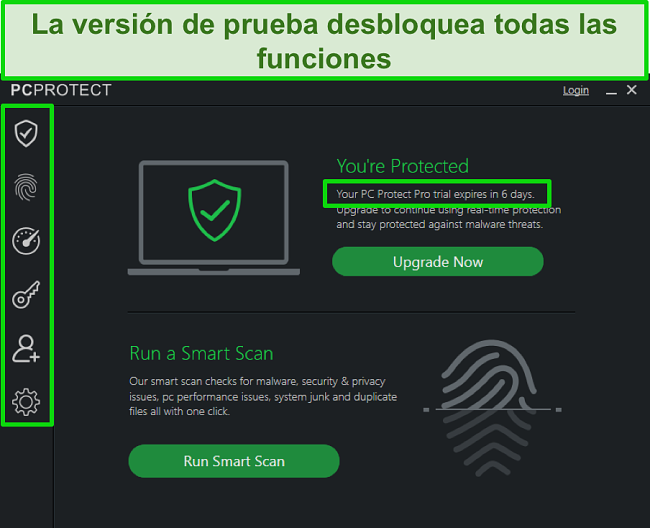 Screenshot of the PC Protect's trial version and its unlocked features.