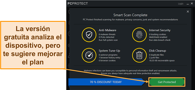 Captura de pantalla de la versión gratuita de PC Protect ejecutando un escaneo antes de indicarle que actualice.