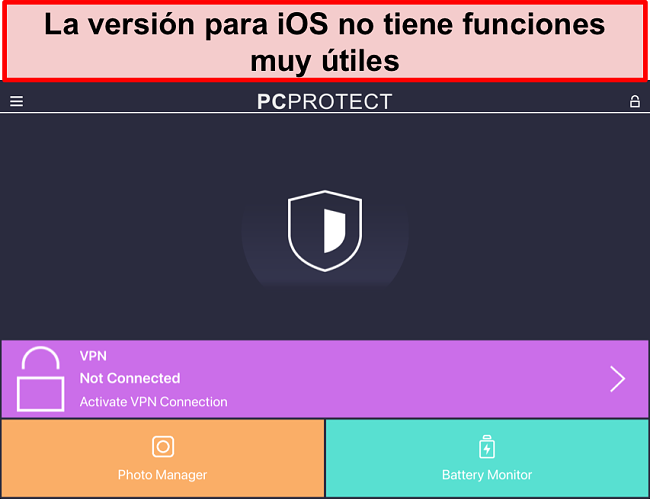 Captura de pantalla de la aplicación iOS de PC Protect que carece de funciones reales.