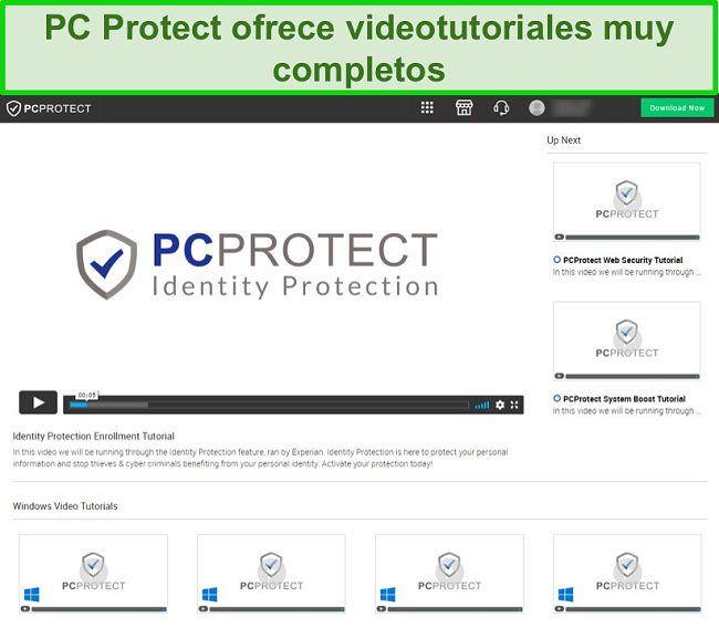 Captura de pantalla de los videos tutoriales de PC Protect a los que se puede acceder a través de su sitio web.