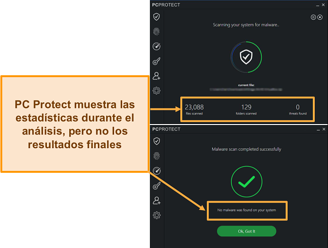 Captura de pantalla de PC Protect realizando un escaneo de malware que muestra las estadísticas solo al escanear. Una vez completado, los resultados desaparecen.