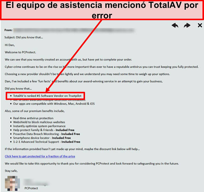 Captura de pantalla del equipo de soporte de PC Protect recomendando accidentalmente Total AV como la opción número 1.