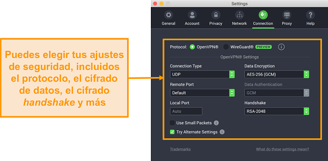 Captura de pantalla de Private Internet Access VPN y su aplicación para Mac que muestra las opciones de personalización de la pestaña Conexión