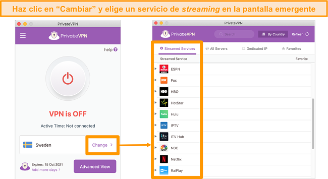 Captura de pantalla de la aplicación PrivateVPN Mac que muestra la lista de servidores optimizados para la transmisión