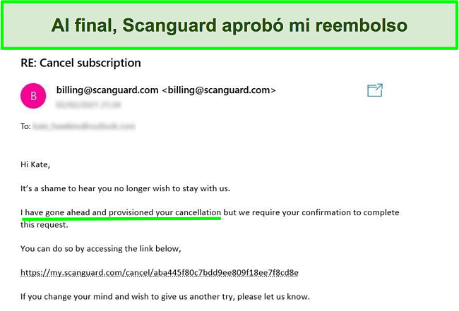 Captura de pantalla de un usuario que solicita un reembolso con la garantía de devolución del dinero del equipo de atención al cliente de Scanguard
