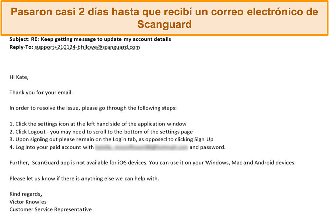 Captura de pantalla de la respuesta de correo electrónico de atención al cliente de Scanguard.