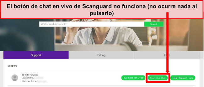 Captura de pantalla del sitio web de soporte de Scanguard con el botón Live Chat resaltado.