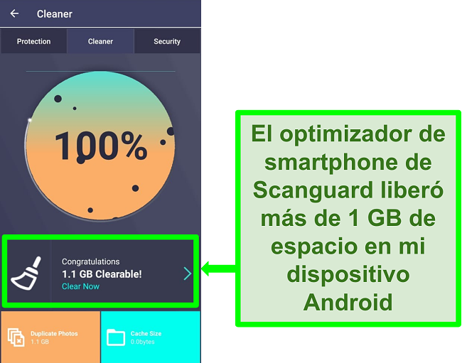 Captura de pantalla de la función de limpieza de Scanguard en Android que borra más de 1 GB de fotos duplicadas.