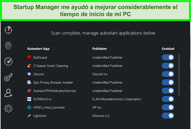 Captura de pantalla del Administrador de inicio de Scanguard con las aplicaciones de inicio automático enumeradas.