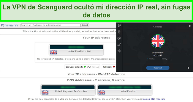 Captura de pantalla de la VPN de Scanguard y una prueba de fuga de IP que no muestra fugas de datos.