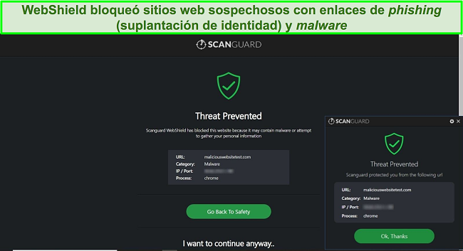 Captura de pantalla de la función WebShield de Scanguard que bloquea el acceso a un sitio web de prueba de malware.