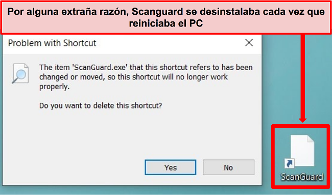 Captura de pantalla del acceso directo roto de Scanguard en una PC con Windows.