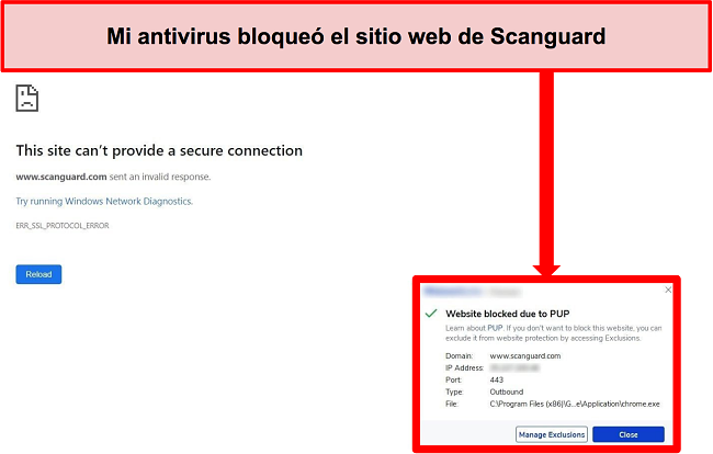 Captura de pantalla del antivirus que bloquea el sitio web de Scanguard debido a un PUP.