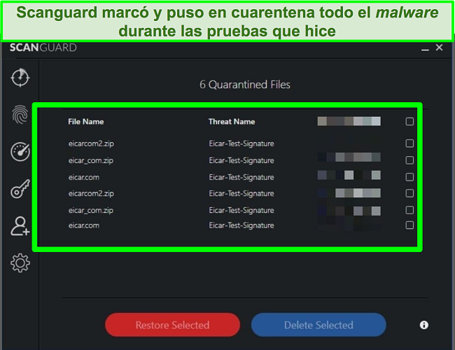 Captura de pantalla de la cuarentena de Scanguard con varios archivos de prueba de malware.
