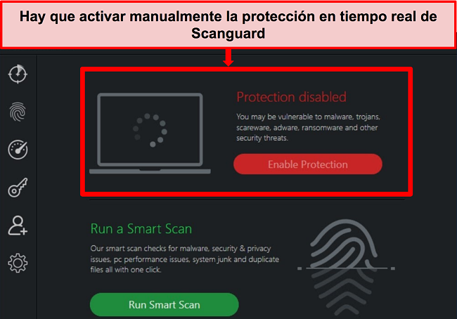 Captura de pantalla de la aplicación antivirus de Scanguard con la protección en tiempo real desactivada.