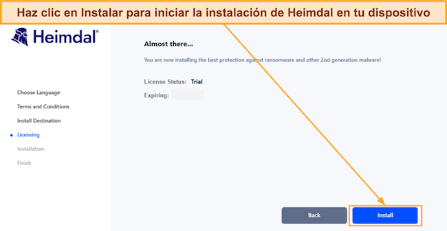 Captura de pantalla que muestra que Heimdal está listo para instalar después de la activación de prueba