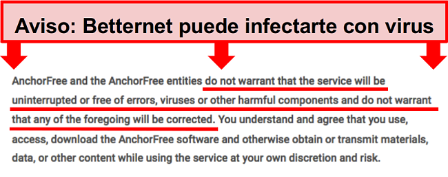Captura de pantalla de los términos de Betternet que no garantizan la protección contra el malware