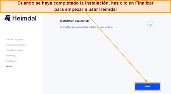 Captura de pantalla que muestra la finalización de la configuración de Heimdal