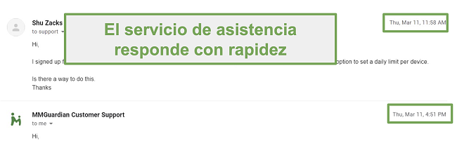 Captura de pantalla de respuesta rápida del servicio de atención al cliente