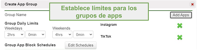 Captura de pantalla para establecer límites en grupos de aplicaciones