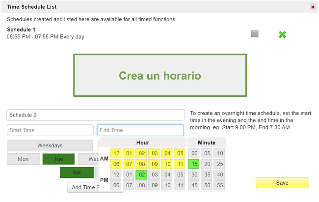 Captura de pantalla de la lista de horarios