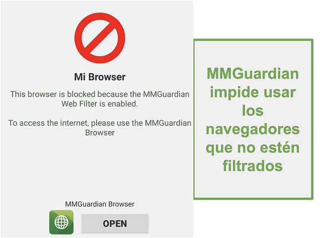 Captura de pantalla de MMGuardian que evita que se abran navegadores no filtrados
