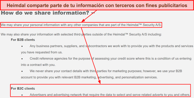 Captura de pantalla de la política de privacidad de Heimdal que menciona que conserva algunos datos del usuario