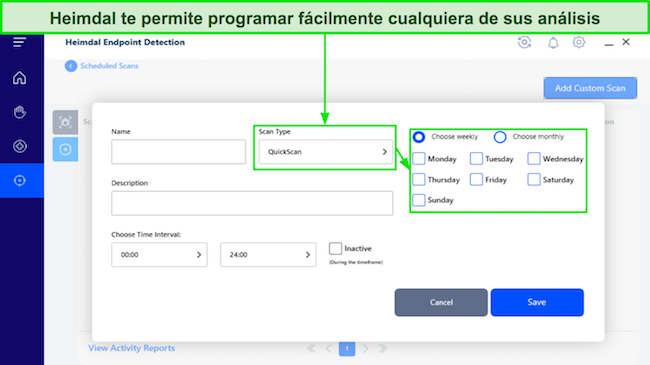 Captura de pantalla de la función de programación de escaneo de Heimdal