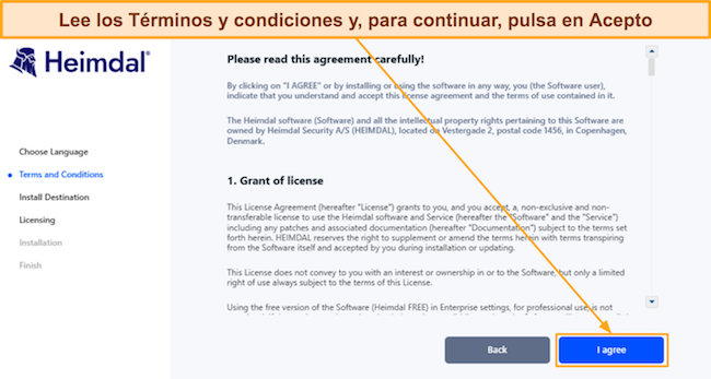 Captura de pantalla que muestra los términos y condiciones en la configuración de Heimdal