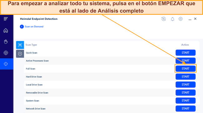 Captura de pantalla que muestra cómo iniciar el análisis completo de Heimdal