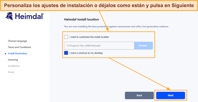 Captura de pantalla que muestra la configuración de instalación en la configuración de Heimdal