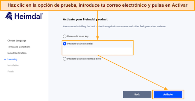 Captura de pantalla que muestra la parte de licencias de la configuración de Heimdal