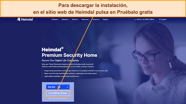 Captura de pantalla que muestra cómo descargar la versión de prueba de Heimdal desde su sitio web