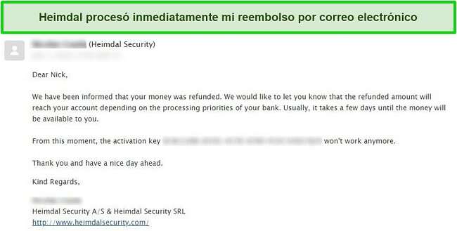 Captura de pantalla del correo electrónico de confirmación de reembolso de Heimdal Security