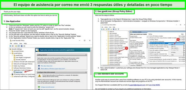 Captura de pantalla del mensaje de soporte por correo electrónico de BullGuard