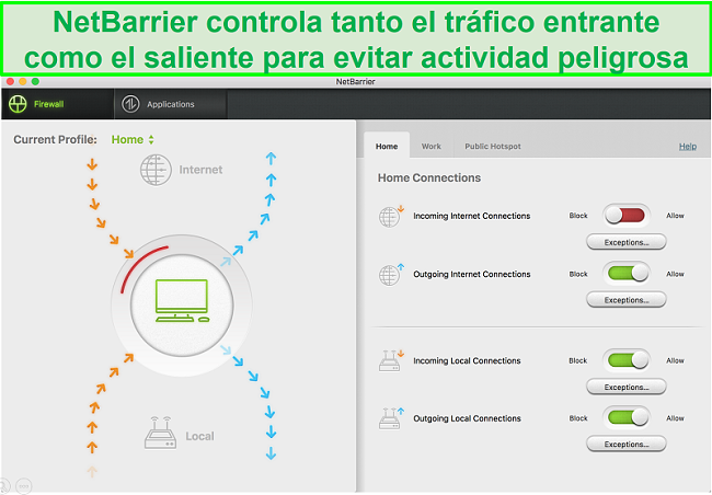 Captura de pantalla de la interfaz de usuario de Intego NetBarrier que protege el tráfico de red entrante y saliente