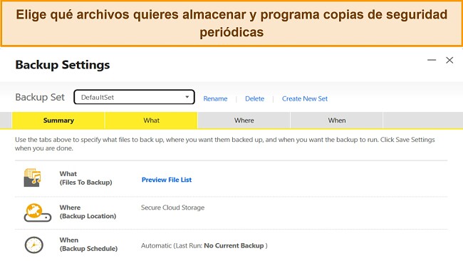 Captura de pantalla de la función Configuración de copia de seguridad de Norton en Windows.