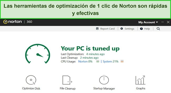 Captura de pantalla de las herramientas de optimización de Norton.