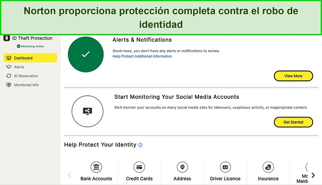 Captura de pantalla del panel de protección contra robo de identidad de Norton.