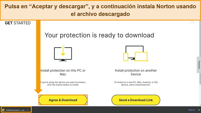 Captura de pantalla de la página web Aceptar y descargar Norton, resaltando el archivo de instalación.