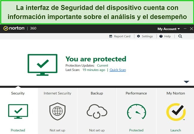 Captura de pantalla del panel de seguridad de dispositivos de Norton para Windows.