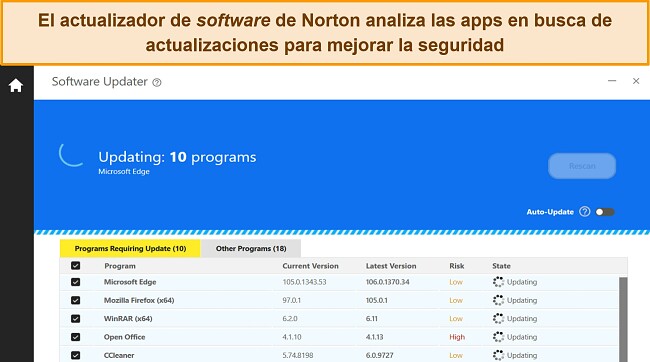 Captura de pantalla del Actualizador de software de Norton actualizando 10 programas para proteger contra las vulnerabilidades de la aplicación.