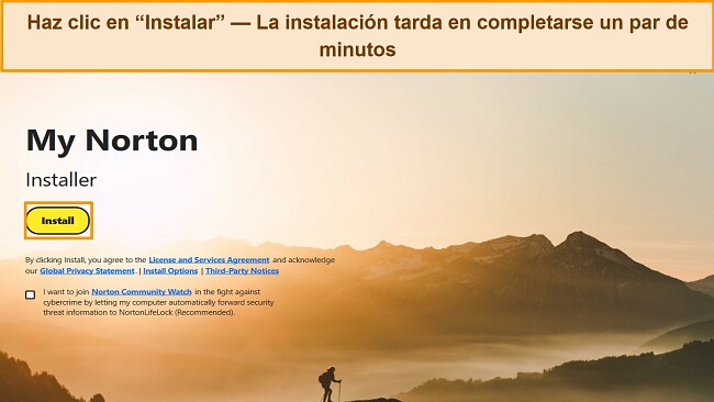 Captura de pantalla de la pantalla de instalación de Norton, resaltando el botón de instalación.
