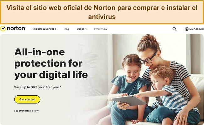 Captura de pantalla de la página de inicio del sitio web oficial de Norton.
