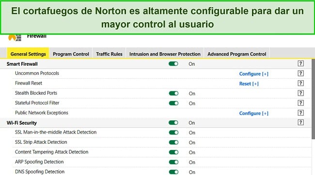 Captura de pantalla de la configuración del Firewall de Norton que muestra un alto nivel de personalización.